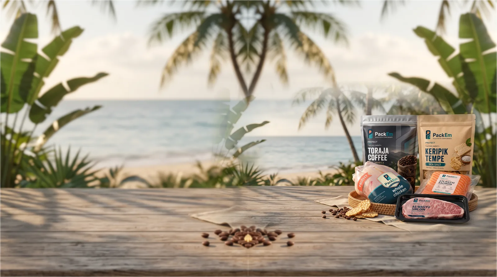 PackEm packaging on a beach table