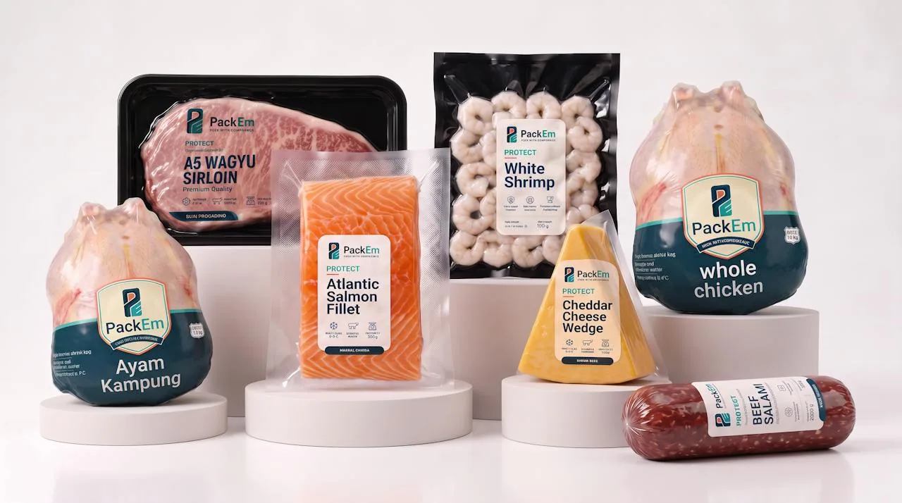 PackEm Protect range: wagyu skin pack, salmon and shrimp vacuum bags, cheddar, salami and whole chickens in shrink bags