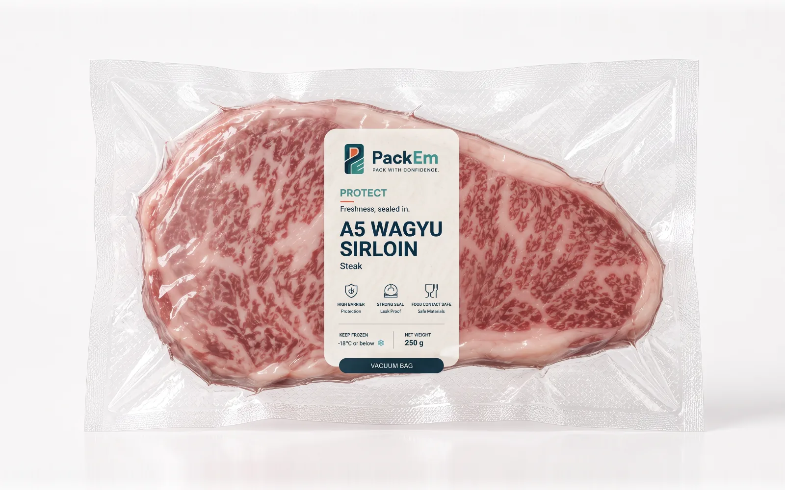 Wagyu sirloin in a clear PackEm vacuum bag