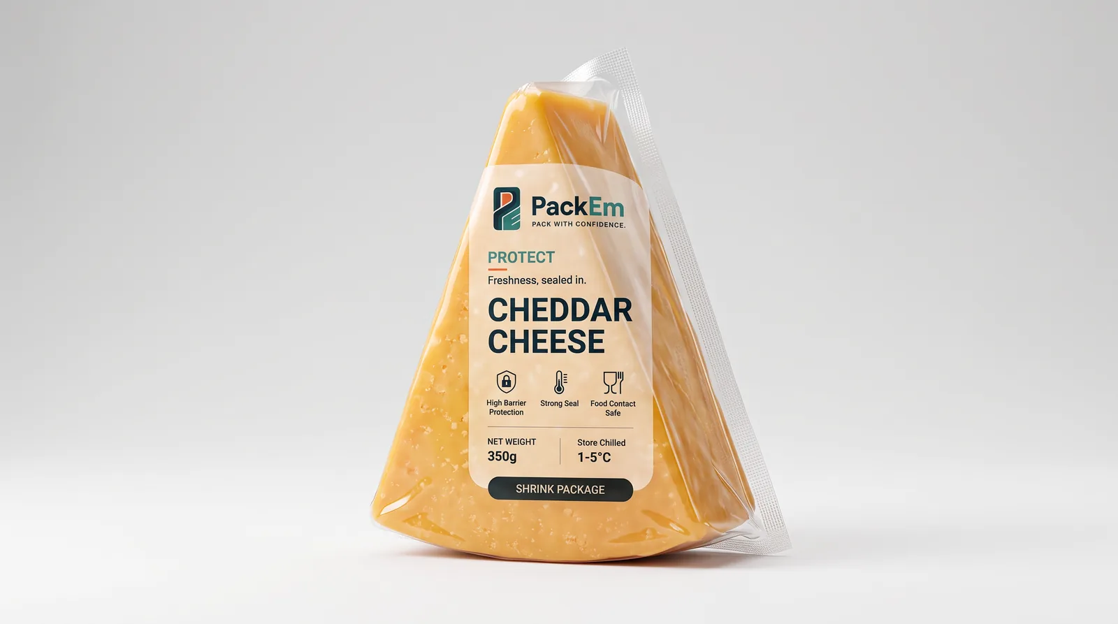 Cheddar wedge in a PackEm shrink package