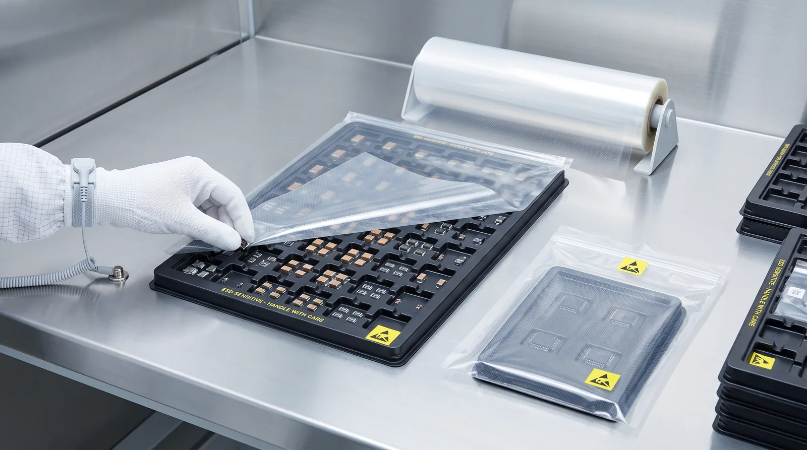 Component tray, antistatic film and zip bag on an ESD workbench
