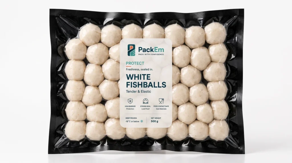Fishballs in a black and clear vacuum bag