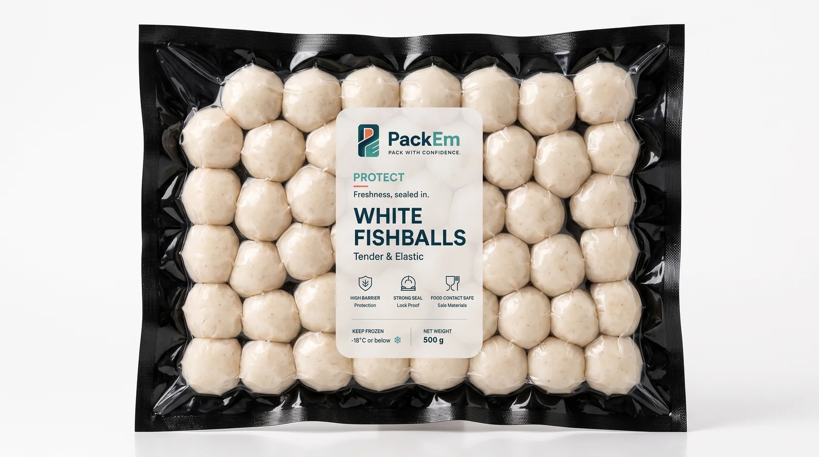 Fishballs in a black and clear vacuum bag