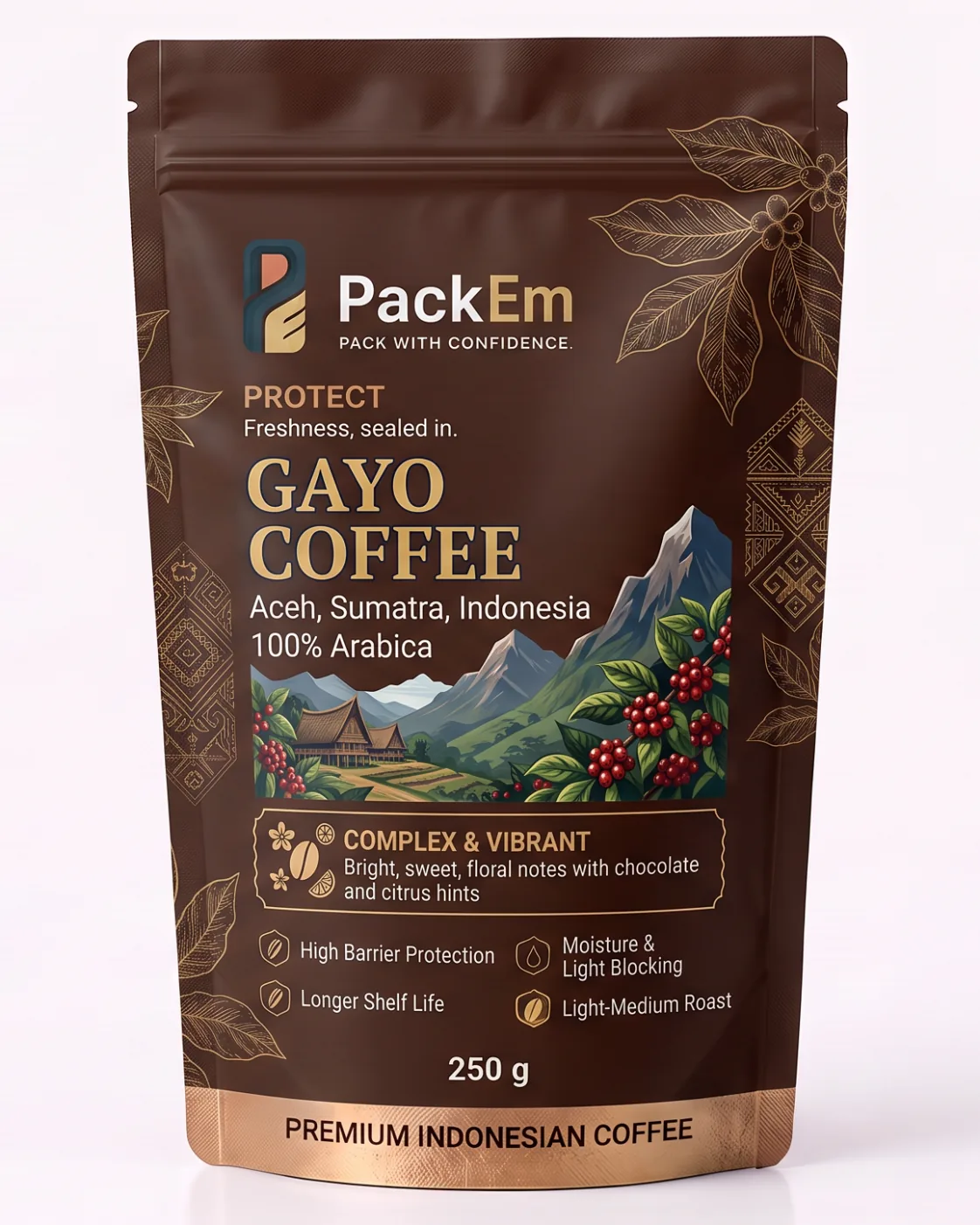 Gayo coffee in a printed PackEm stand-up pouch