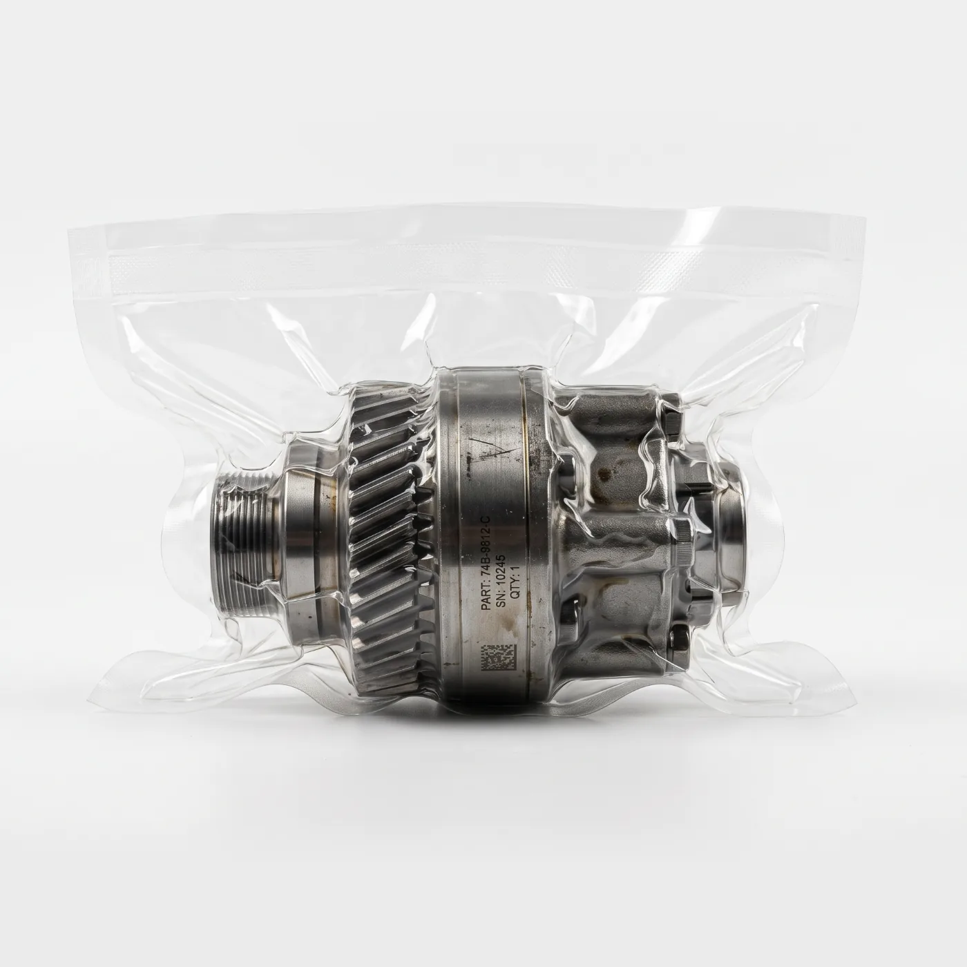 Gear shaft assembly in a clear vacuum bag