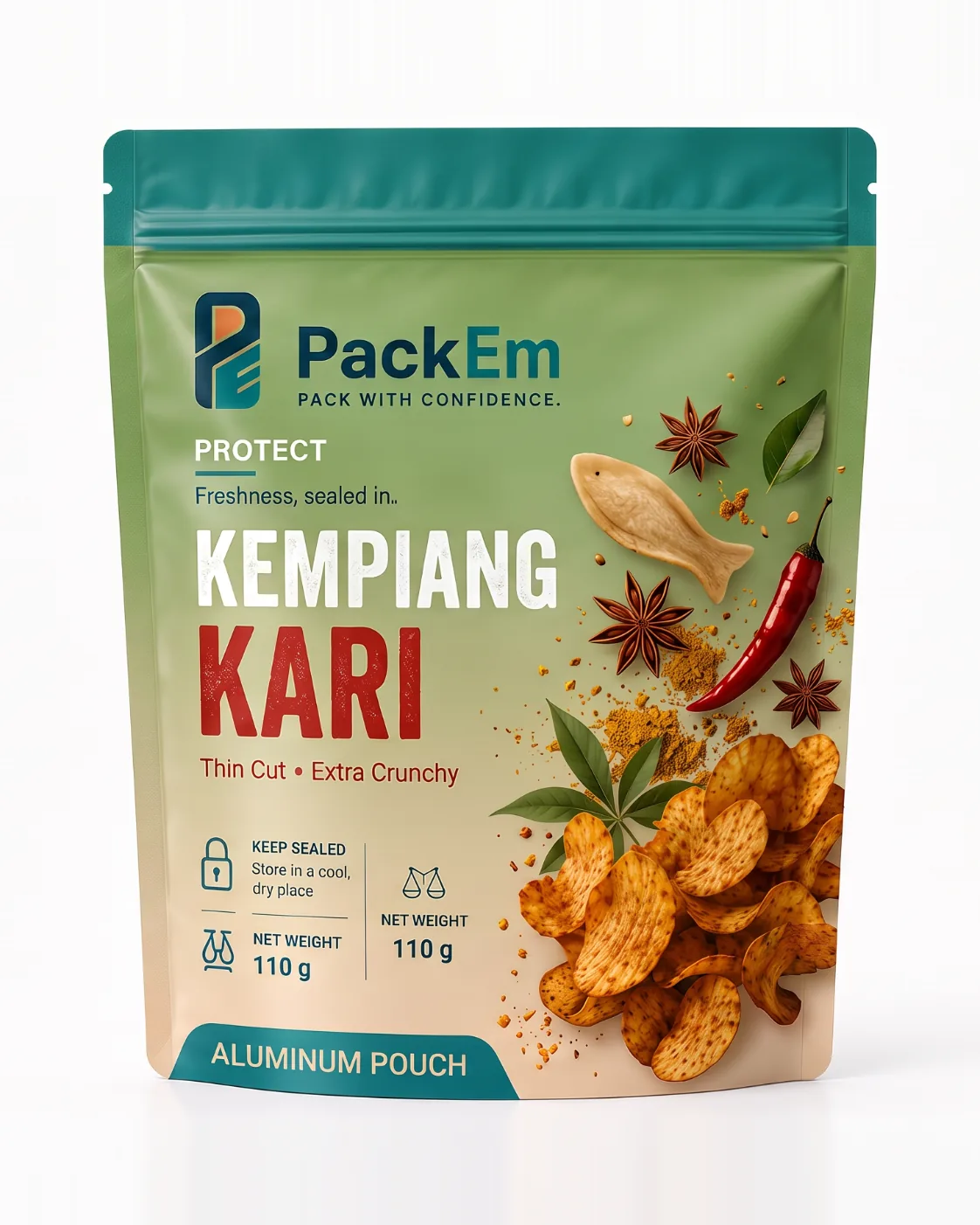 Kempiang kari in a printed PackEm aluminum stand-up pouch