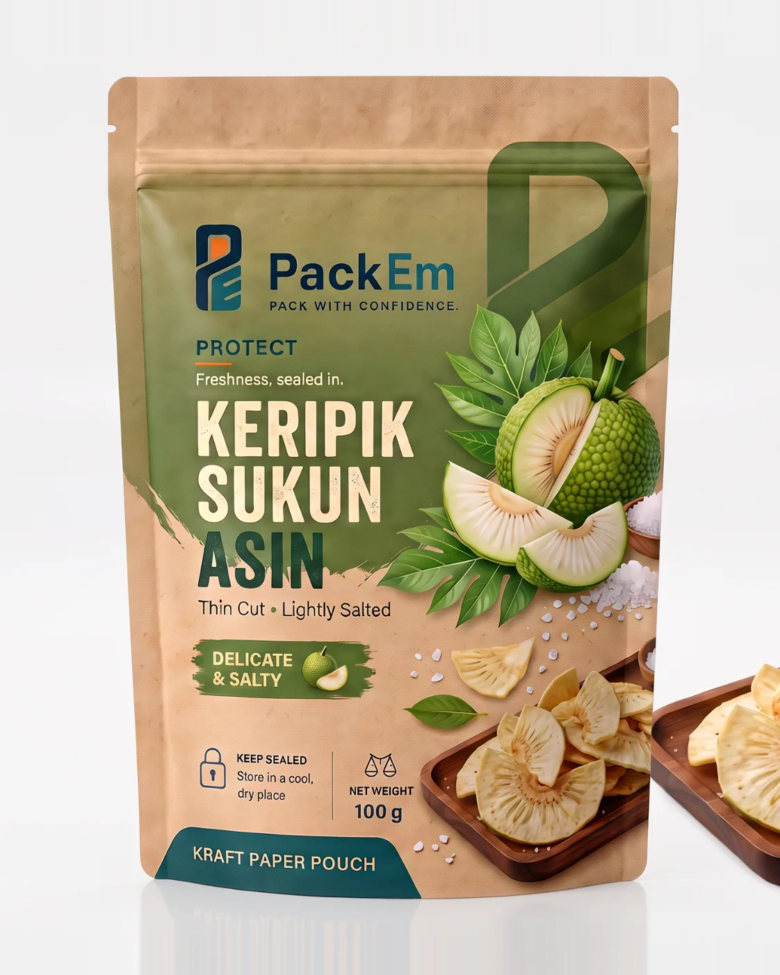 Keripik sukun asin in a printed PackEm kraft paper pouch