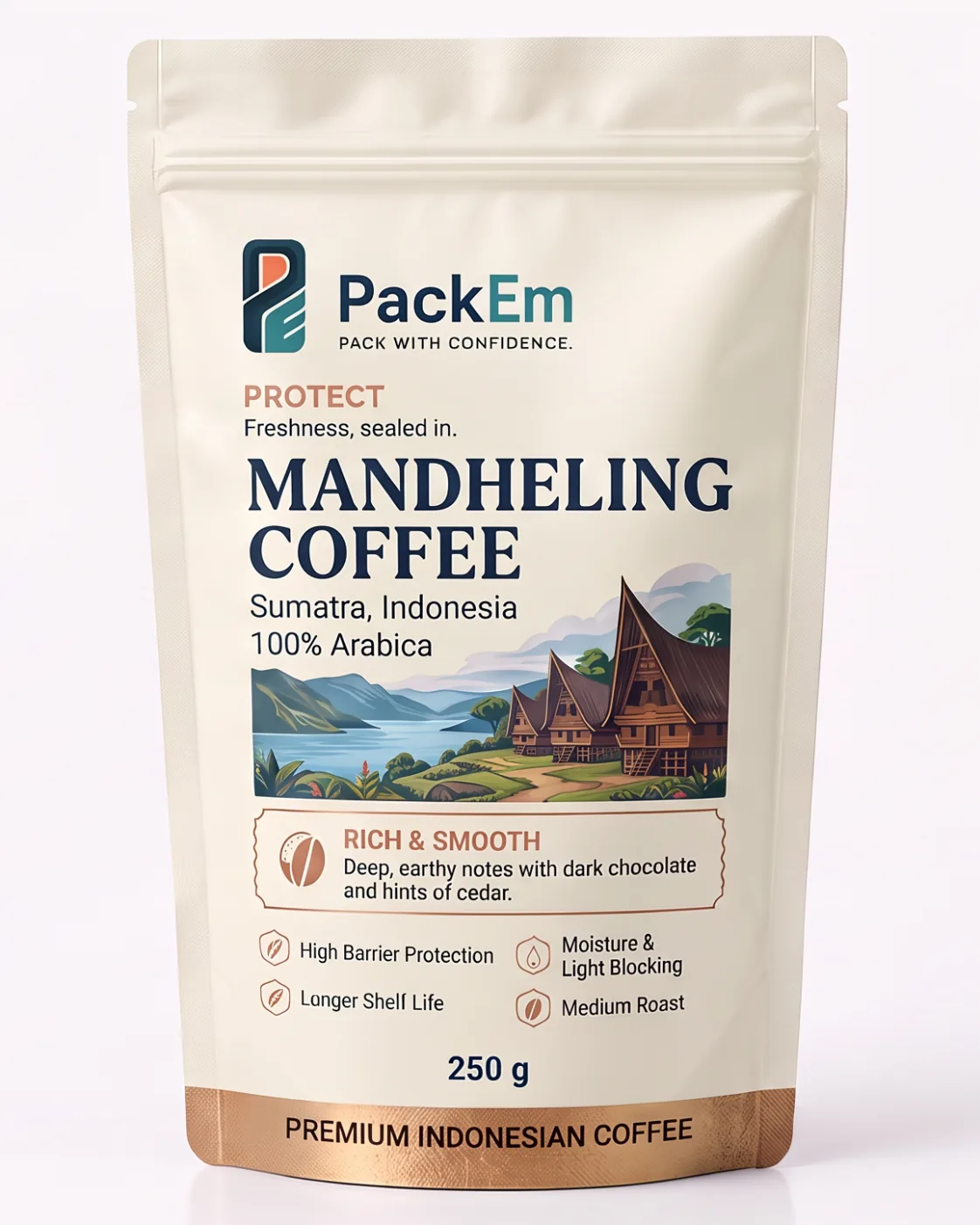 Mandheling coffee in a printed PackEm stand-up pouch