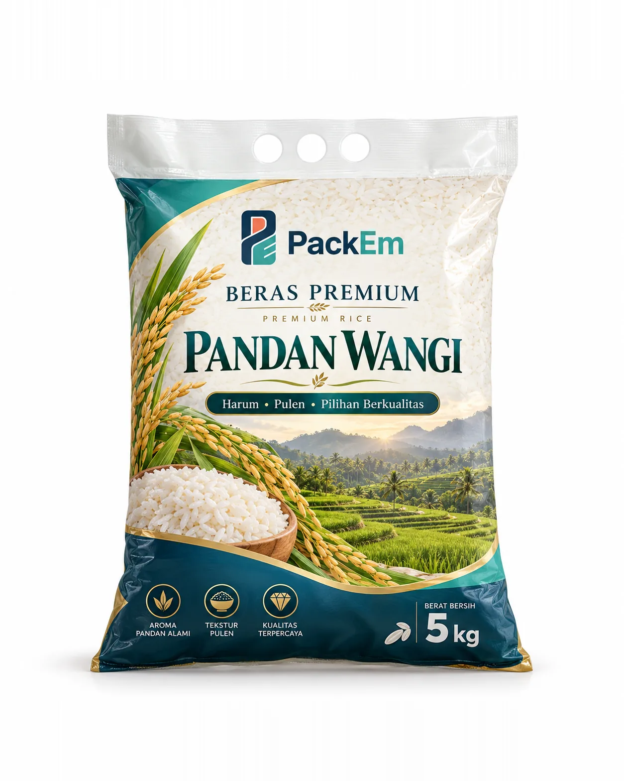 Pandan Wangi premium rice in a printed PackEm 5 kg bag with handle