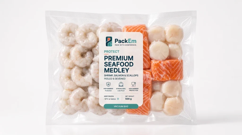 Shrimp, salmon and scallops in a clear vacuum bag