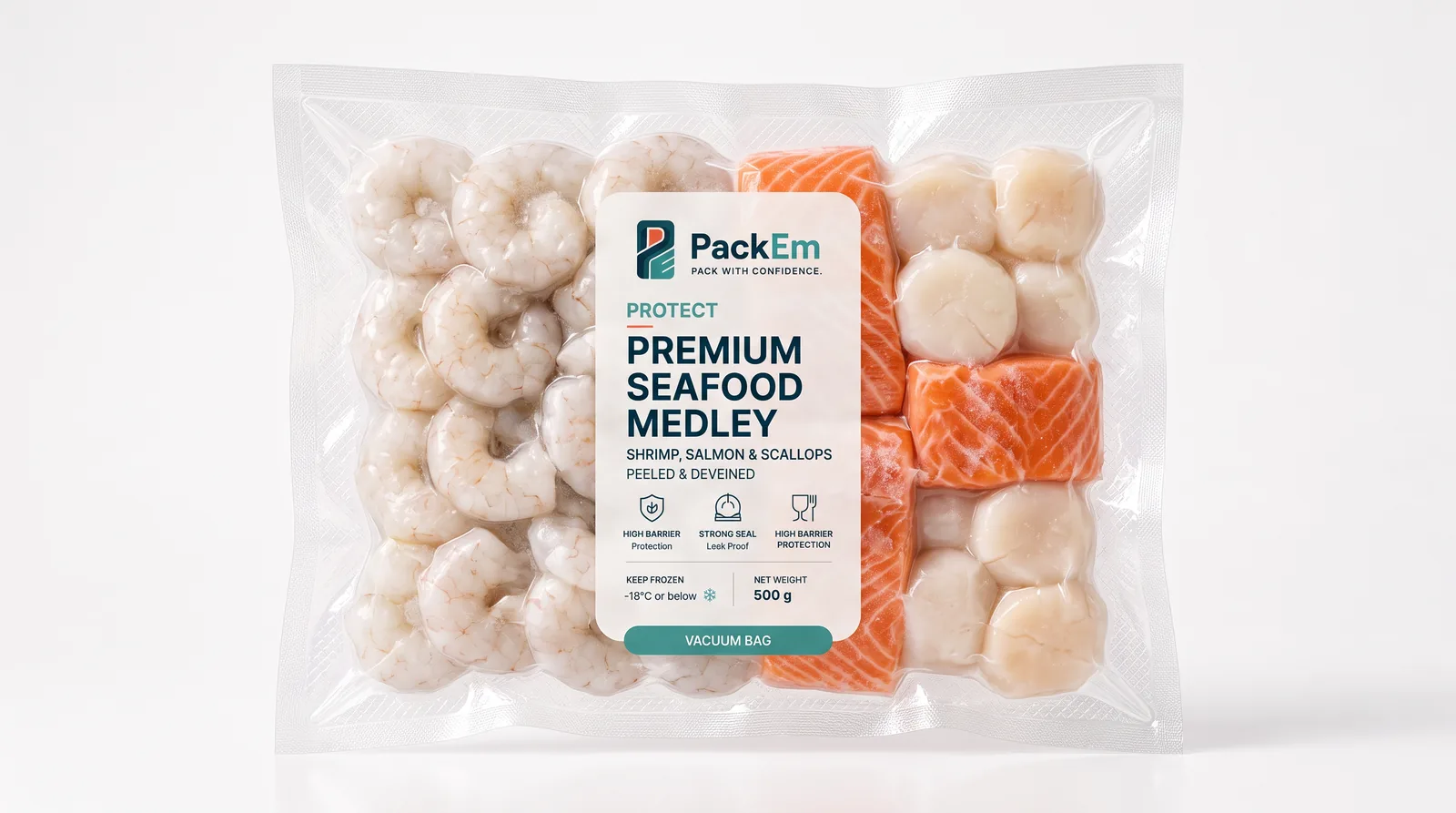Shrimp, salmon and scallops in a clear vacuum bag