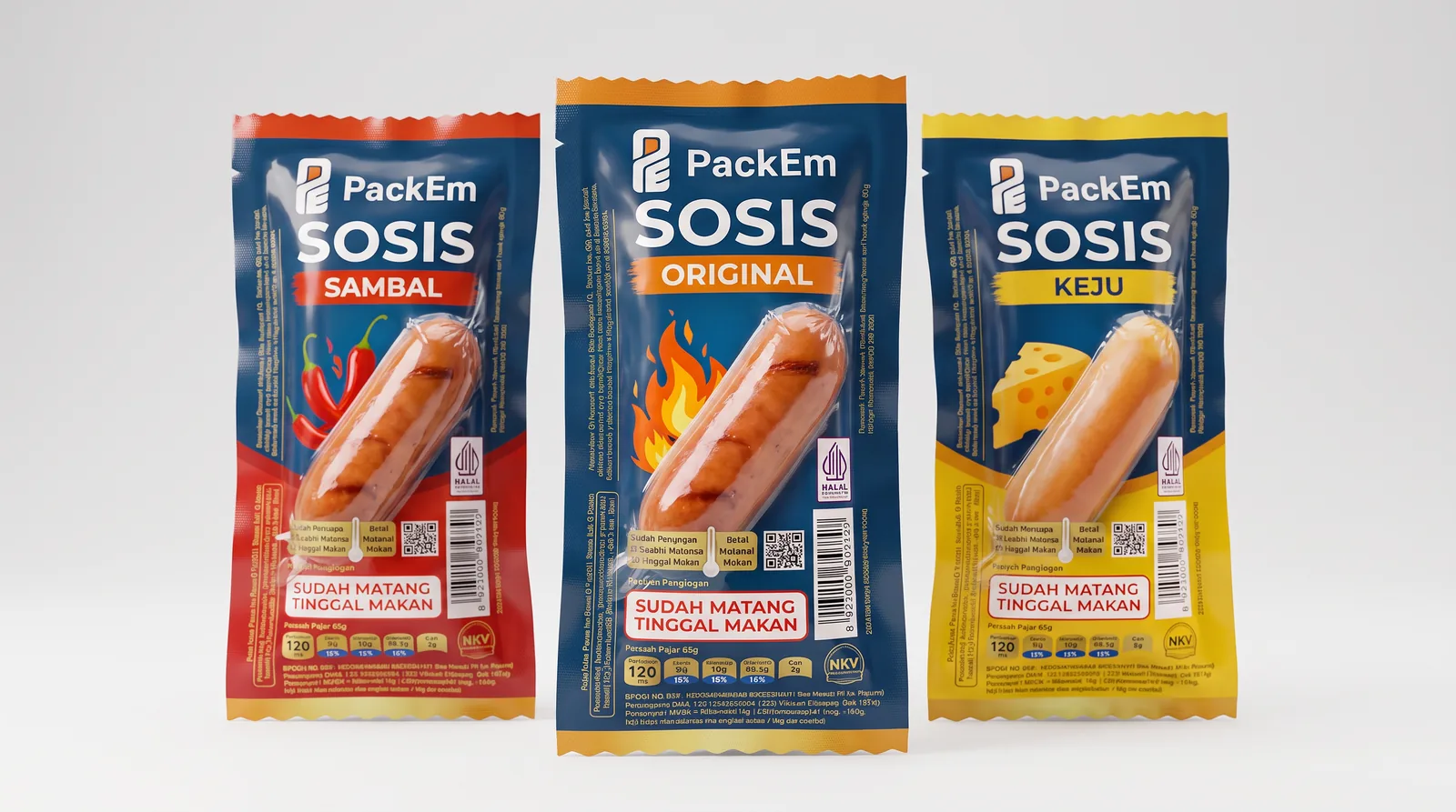 Three PackEm printed sausage packs
