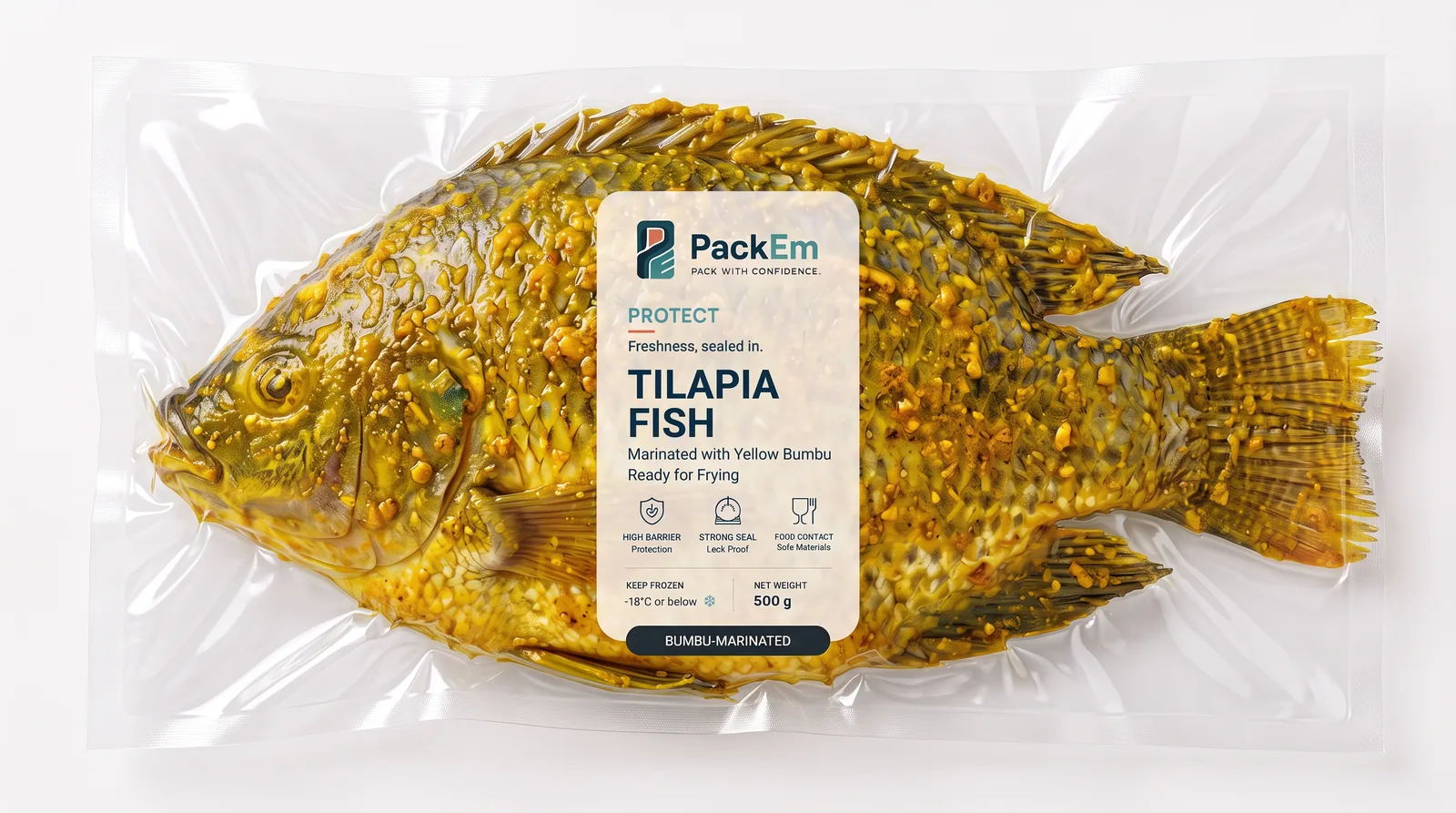 Bumbu-marinated tilapia in a clear PackEm vacuum bag