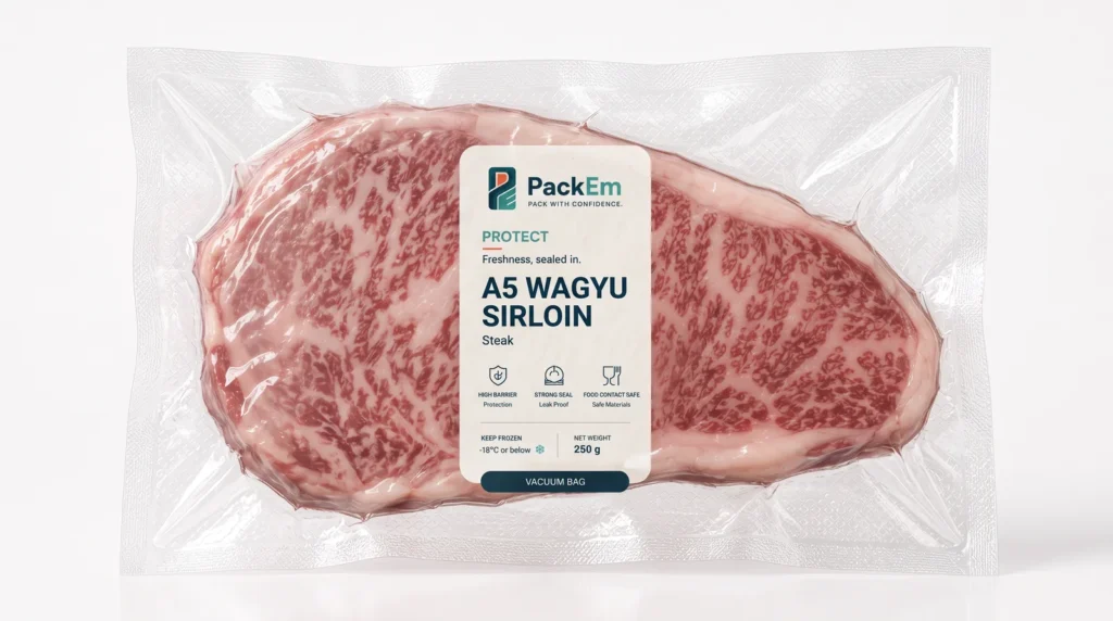 Wagyu sirloin in a clear vacuum bag