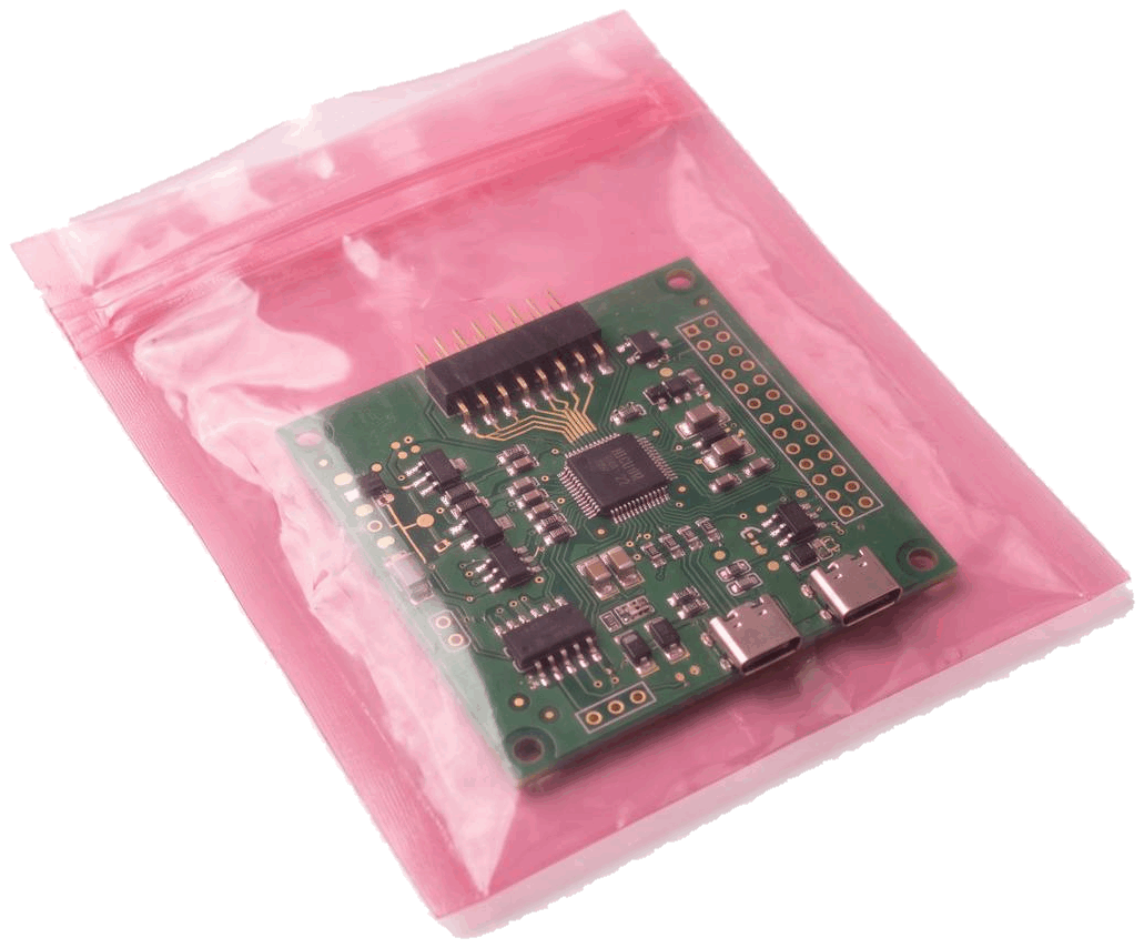 Circuit board in a pink antistatic bag