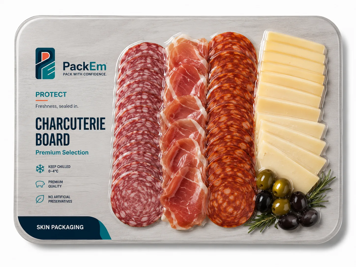 Charcuterie in thermoformed skin packaging