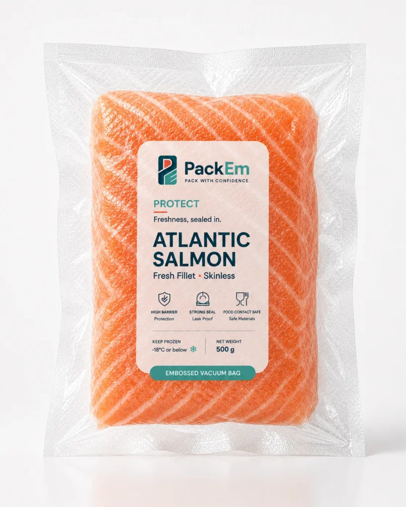 Salmon fillet sealed in a clear vacuum bag
