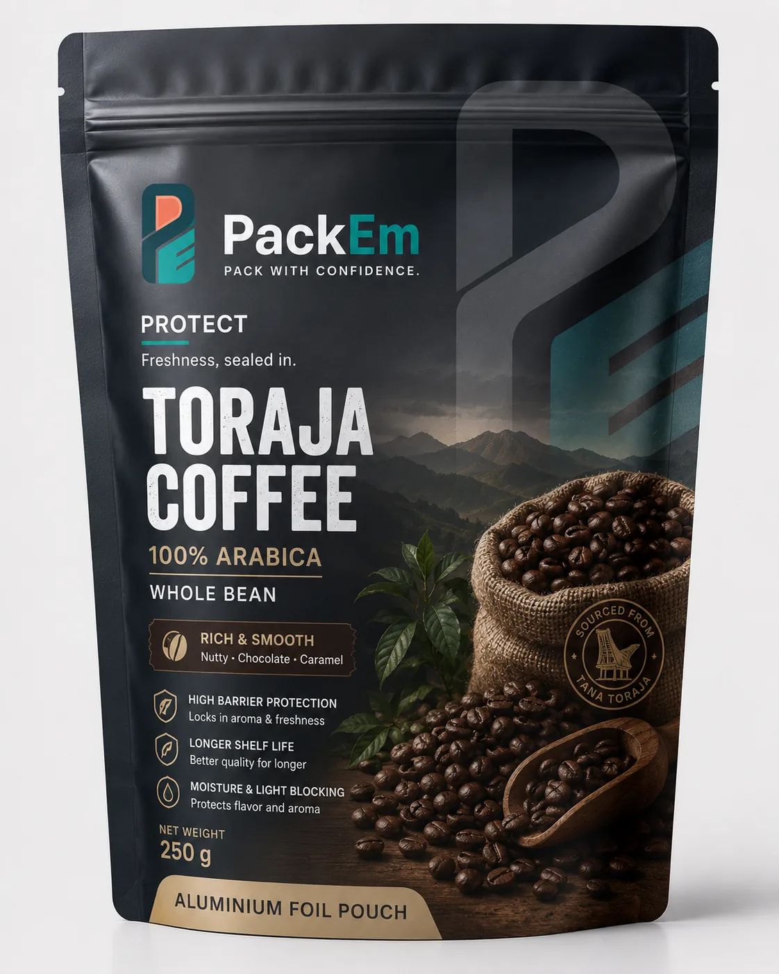Toraja coffee in a foil stand-up pouch