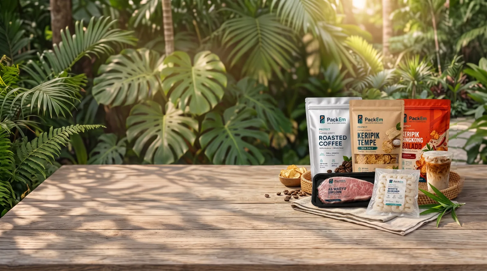 PackEm vacuum bags and pouches for coffee, snacks, seafood and meat on a garden table