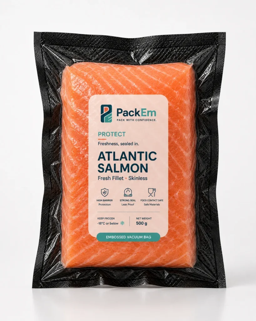 Salmon fillet in a black and clear vacuum bag