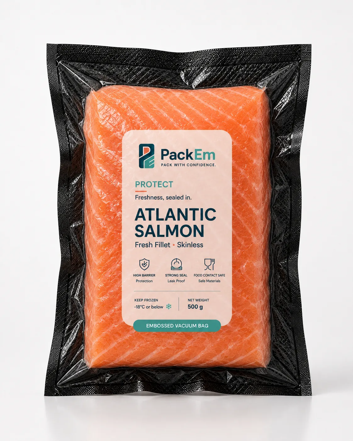 Salmon fillet in a black and clear vacuum bag