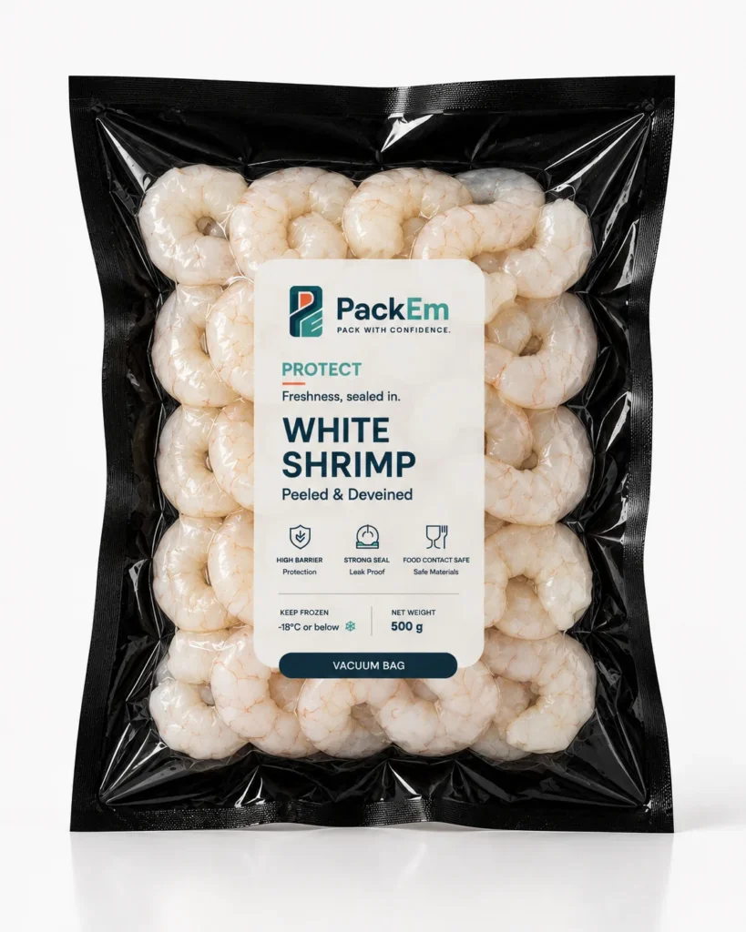 Shrimp in a black and clear vacuum bag