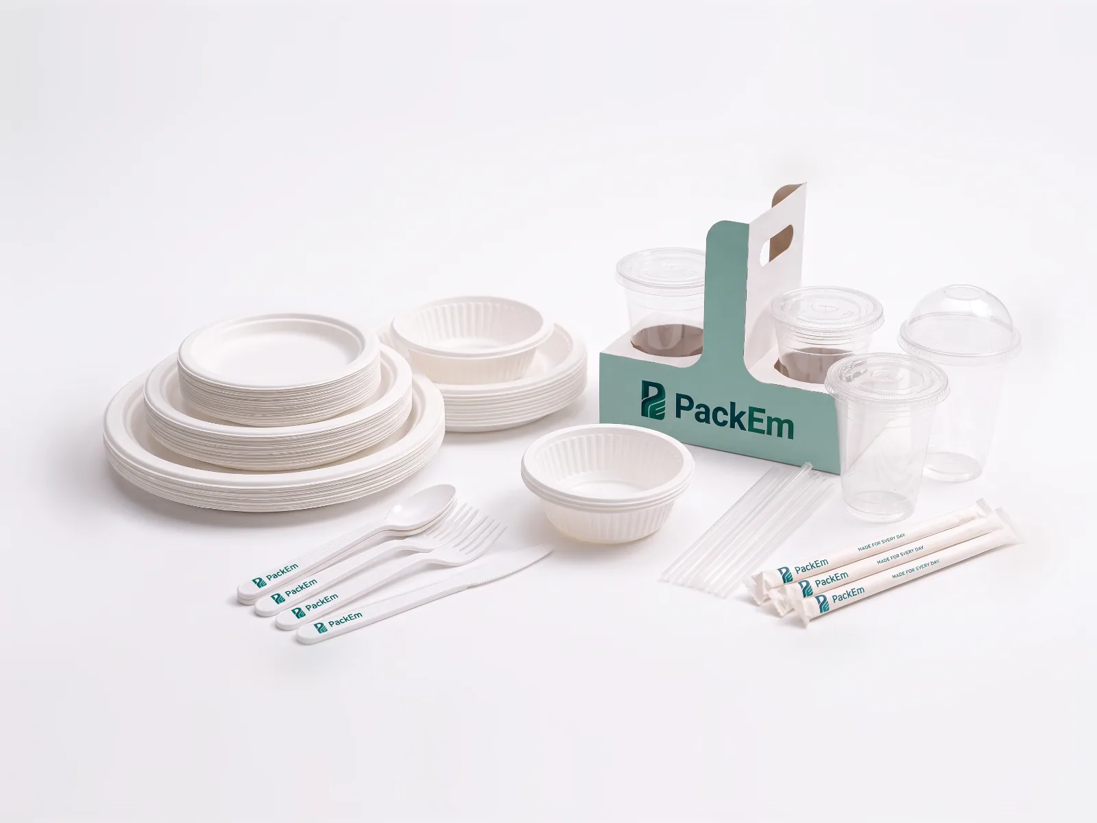 PackEm plates, bowls, cutlery, straws, cups and T-cup carrier